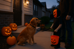 Child trick-or-treater on a porch near a leashed dog and carved pumpkins at dusk.
