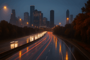 Twilight view of a wet Houston freeway with light trails and autumn leaves along the roadway edges.