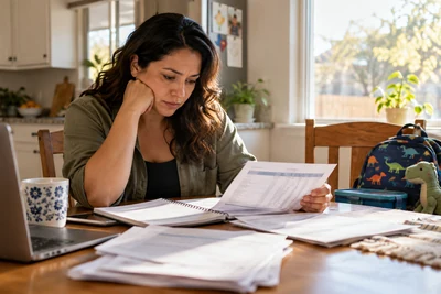 A parent reviews child support paperwork at a kitchen table.