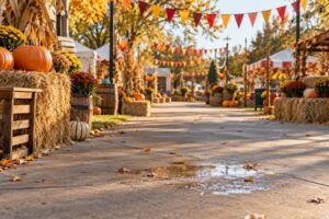 A wet patch on a decorated walkway at an outdoor fall festival.