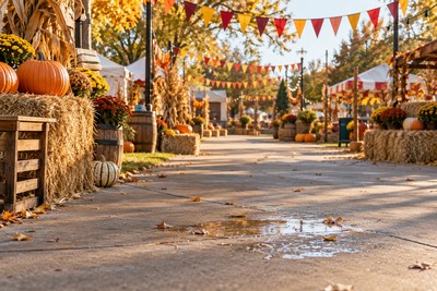 A wet patch on a decorated walkway at an outdoor fall festival.